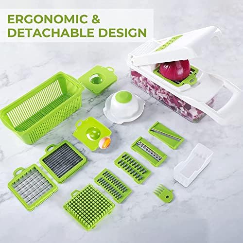 Vegetable Chopper, 12 in 1 Mandoline Slicer Food & Onion Chopper Cuber Cutter Onion Dicer, Veggie Slicer Manual for Garlic, Cabbage, Carrot, Potato, Tomato, Fruit, Salad (Green/White)
