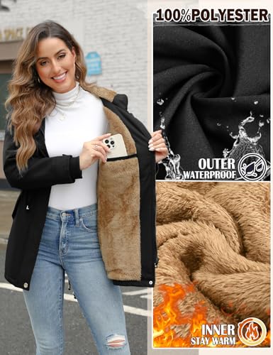 Nadeer Mantel Damen Winterjacke Lang Parka Gefüttert Wintermantel Wasserdicht mit Kapuze Warm Winterparka(Schwarz,L)