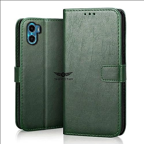 Image of SHINESTAR Motorola Moto E32 Flip Back Cover | PU Leather Flip Cover Wallet Case with TPU Silicone Case Back Cover for Motorola E32 - Unique Green