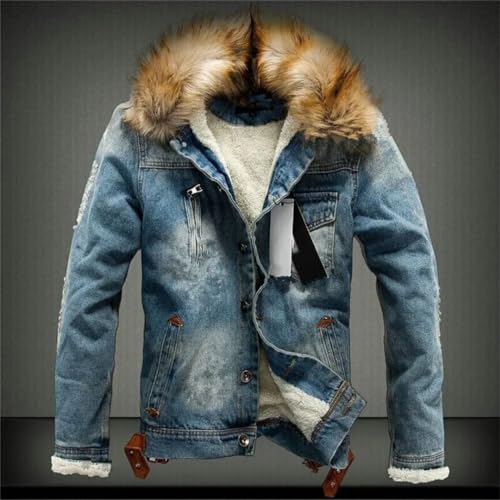 Wjnvfioo Autumn Winter Mens Casual Denim Jacket With Fur Collar Retro Ripped Fleece Jeans Jacket And Coat4