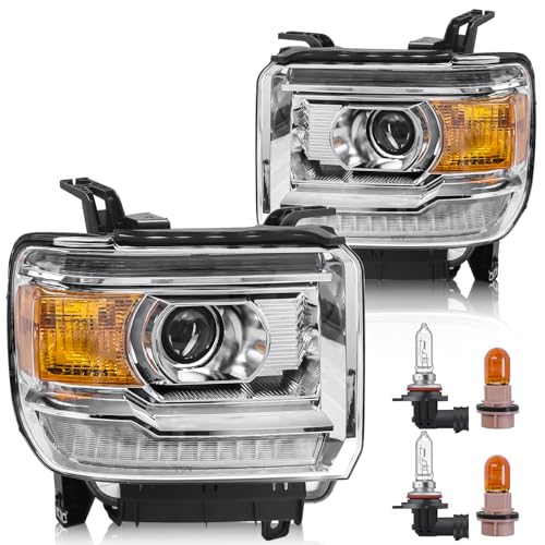Headlight Assembly with LED DRL Compatible with GMC Sierra 2014-2018 1500 | 2015-2019 2500HD/3500HD Base/Denali/SLE/SLT, Headlamp Replacement with LED DRL, with Bulbs, Chrome Housing Amber Reflector