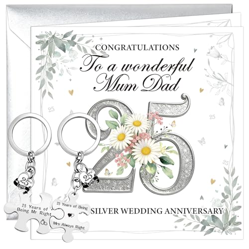 Luvart 25th Wedding Anniversary Card Gift - Silver Wedding Anniversary Greeting Card with Keychain Celebrating 25 Years Marriage Gifts for Parents Friends Him Her Spouse Couples