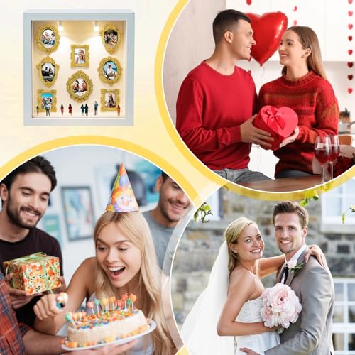 DIY Mini Museum Silhouettenbox mit Licht, Shadow Box Bilderrahmen Set, Museum of us, Foto Erinnerungsanzeige Set mit 8 Mini Goldene Rahmen & 8 Figuren, für Hochzeit,Jubiläum,Geburtstag&Wohndeko