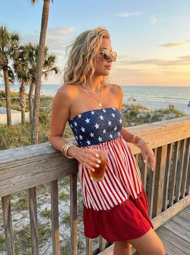 Image of AIMITAG American Flag Smocked Strapless Mini Dress Womens Flag Stars Vertical Striped Ruffled Tube Top Dress Beach Sundress