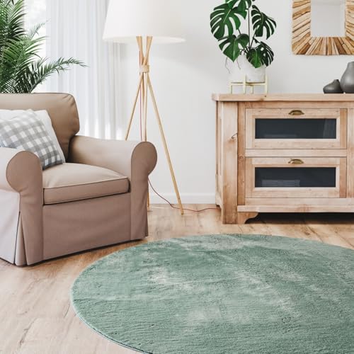 Interiyou Fargo - Teppich Wohnzimmer 200x200 cm Rund Grün - Kurzflor Waschbar und rutschfest - Flauschiger Fellteppich aus Kunstfell - weicher Langflor Fell