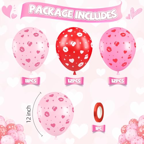 Image of Red Pink Printed Balloons, Light Pink and Red Lip Kiss Cherry Printing Balloons For Birthday Baby Shower Love Romantic Themed Party Wedding Bridal Shower Engagement Decorations