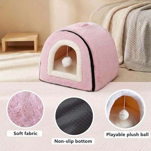 Image of Cat Bed for Indoor Cats,Foldable cat cave,Anti-Slip & Water-Resistant Bottom,cat Houses for Indoor Cats or Small Dogs, Kitten Tent, Rabbit Bed,2 in 1 pet Bed (Pink)