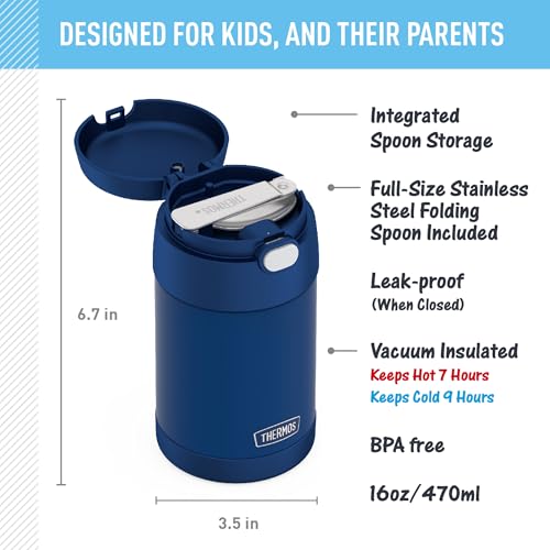 Image of THERMOS FUNTAINER Insulated Food Jar - 16 Ounce, Navy - Kid Friendly Food Jar with Foldable Spoon