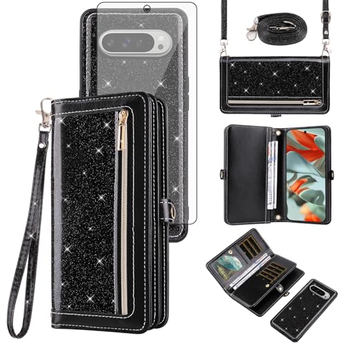 Étui portefeuille amovible Pixel 9 Pro XL Asuwish avec fermeture éclair et fentes pour cartes