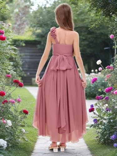One Shoulder Junior Bridesmaid Dress for Wedding High-Low Chiffon A-Line Belt Princess Pageant Flower Girl Dress2