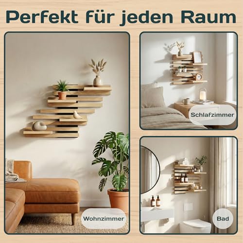 Qoka Crafts Wandregal Holz Hängend - Modulares Bücherregal Set aus Massivholz - Schwebendes Regalbrett für Wohnzimmer, Küche & Bad - Vintage Deko & Pflanzen Ablage