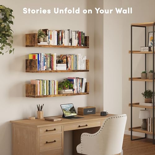 Image of Wall Bookshelf, Set of 3, U Shaped Floating Bookshelf, Hanging Bookshelves for Wall, Wall Mounted Shelves for Living Room Bedroom Office (Rustic Brown, 17 Inches, 3)