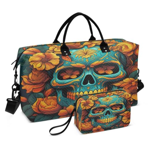Sac à main de week-end crâne et fleurs avec trousse cosmétique voyage active