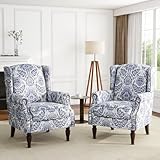 UIXE High Back Floral Accent Chairs Set of 2, Upholstered Armchair in Fabric, Retro Printed Wingback Arm Chair for Living Room, Nailhead Trim Single Sofa Bedroom Reading Seat - Navy Blue