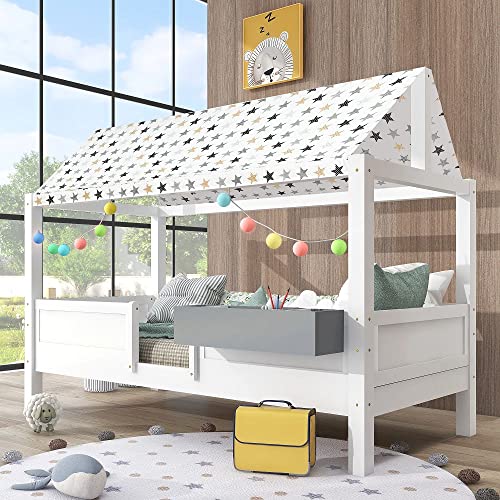 Huisbed, speelbed met stoffen tentopzetstuk, met opbergdoos, 3 combinaties, valbeveiliging, kinderbed, lattenbodem in grenenhout, 90 x 200 cm, zonder matras, wit - Afbeelding 5