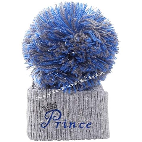 Luxury British Made Grey Navy/Light Blue Baby Boy Prince Cute Decorative Frilly Knitted Pom Pom Newborn Baby Hats (Grey/Navy Blue, 0-3 Months) Cover