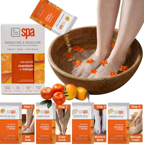 BCL Spa Mandarin + Mango Professional Pedicure Kit Foot Spa Set – Exfoliate, Hydrate & Refresh Skin | Dead Sea Salt Soak, Sugar Scrub, Moisture Mask & Massage Cream | Professional & Home Uses