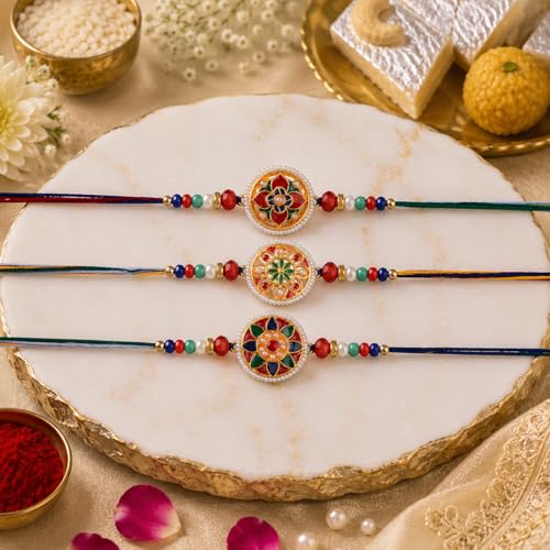 Image of Rakhi for Brother Set of 3 Raksha Bandhan Traditional Bracelet Gift fo Bhai