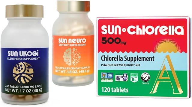 Sun Chlorella Wellness Trio Bundle 3ct - 500mg Whole Body Green Algae Superfood Supplement 120 Tablets - Sun Neuro Nootropic Focus Supplement 180 Capsules Organic Sun Eleuthero 200mg, 240 Tablets