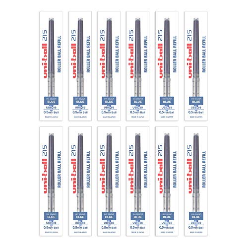 Image of uni-Ball QWiK Refill UB-215 Liquid Ink 0.5 mm Micro Roller Pen, Blue Ink, Pack of 12 & Uniball UBR-85 Refill (0.5mm, Blue Ink), Pack of 12, Usable for UB-215