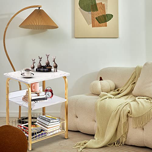 Garden 4 You End Table Side Table 3 Tiers White Marble Nightstand Industrial Retro Storage Shelf For Living Room Bedroom Kitchen Family And Office,Stable Wood And Metal Frame #TOP3