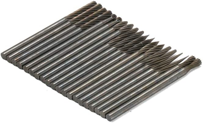 20Pcs Double Cut Carbide Burr Set 2.35mm Shank Diameter Tungsten Steel Solid Carbide Rotary Burr Tool for Wood Carving Engraving 3x5mm