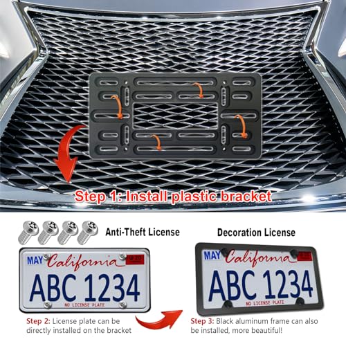 Image of BGGTMO Front License Plate Mounting Kit, Front Bracket Holder & Black Frame | Universal Adapter For 2 Drill Hole Front Bumper or Grill Mount, With Aluminum Car Tag Frame, Anti-Theft Screws Caps