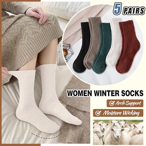 Image of EBMORE 5 Pairs Women Merino Wool Boot Socks Warm Thermal Winter Thick Hiking Cozy Cabin Crew Comfy Socks for Ladies