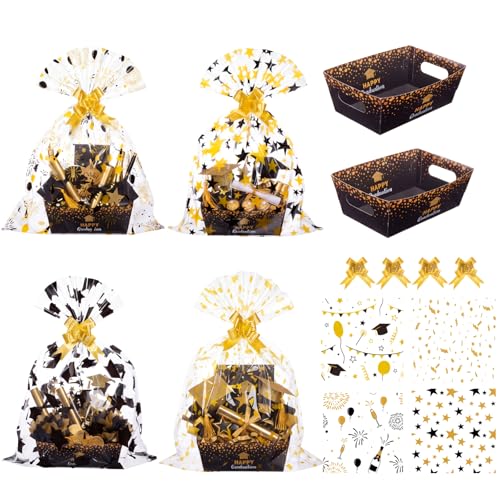 Gueevin 12 Sets Graduation Empty Gift Baskets, 12 Cardboard Market Trays to Fill 12 Cellophane Bags 12 Gold Pull Bows, DIY Gift Wrapping for Graduation Birthday Party Decoration Supplies