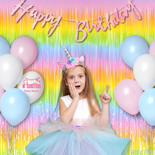 Image of Gradient Pastel Foil Fringe Curtain - GREATRIL Pastel Color Backdrop Streamers for Kids Party /Classroom /Unicorn /Princess /Christmas Party Decorations (2 Pack)