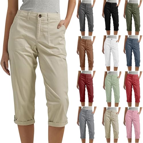 Capri Pants for Women High Waisted Straight Leg Cropped Pants Summer Casual Cargo Capris with Pockets - Main Image