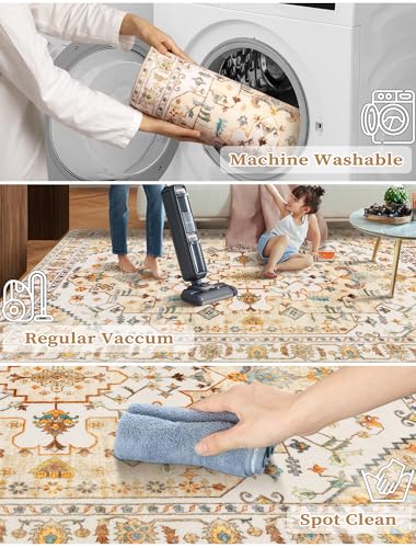 SERISSA Boho Washable Runner Rug, 2x6 Rug Runner Non-Slip Vintage Light Yellow Hallway Kitchen Runner Rug Ultra Soft Print Distressed Floor Carpet Runner for Bedroom Bathroom Laundry Living Room