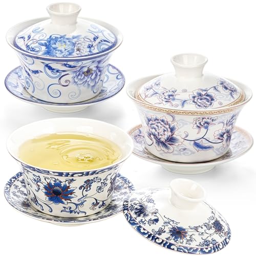 Cididu Set of 3 Chinese Tea Cups with Lid and Saucer, 10oz Large Porcelain Gaiwan Tea Mug Set...