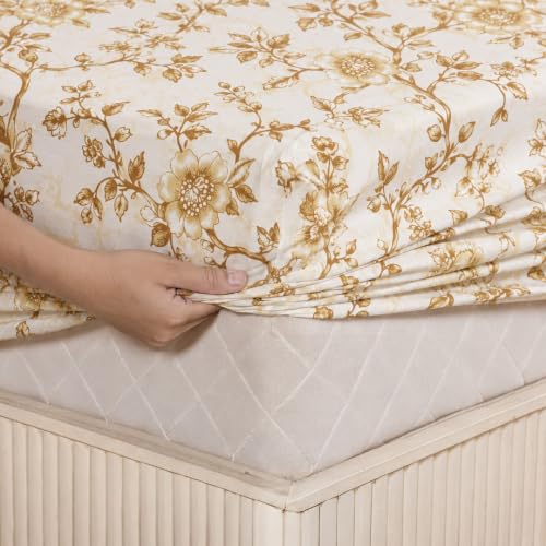 Image of LANE LINEN Symphony | 100% Cotton Sheet Set | Soft & Breathable Fabric | 3 Piece (1 Bedsheet + 2 Pillow Covers) | King Bed Sheet Set - Gold Flower Pattern