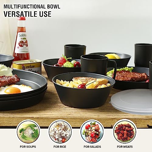 Greentainer Schüssel 24 OZ Müslischalen mit Deckel/Salatschalen, 6er 710ml Unbreakable Cereal Bowls|Obstschale, Suppenschüssel für Kinder und Erwachesene|Leicht & Bruchsicher |Schwarz
