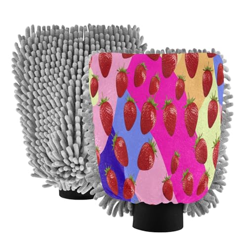 STAYTOP Cute Strawberries Car Wash Mitt Microfiber, 2Pcs Scratch Free Lint-Free, Premium Chenille Microfiber Mitt Car Wash Brush-L