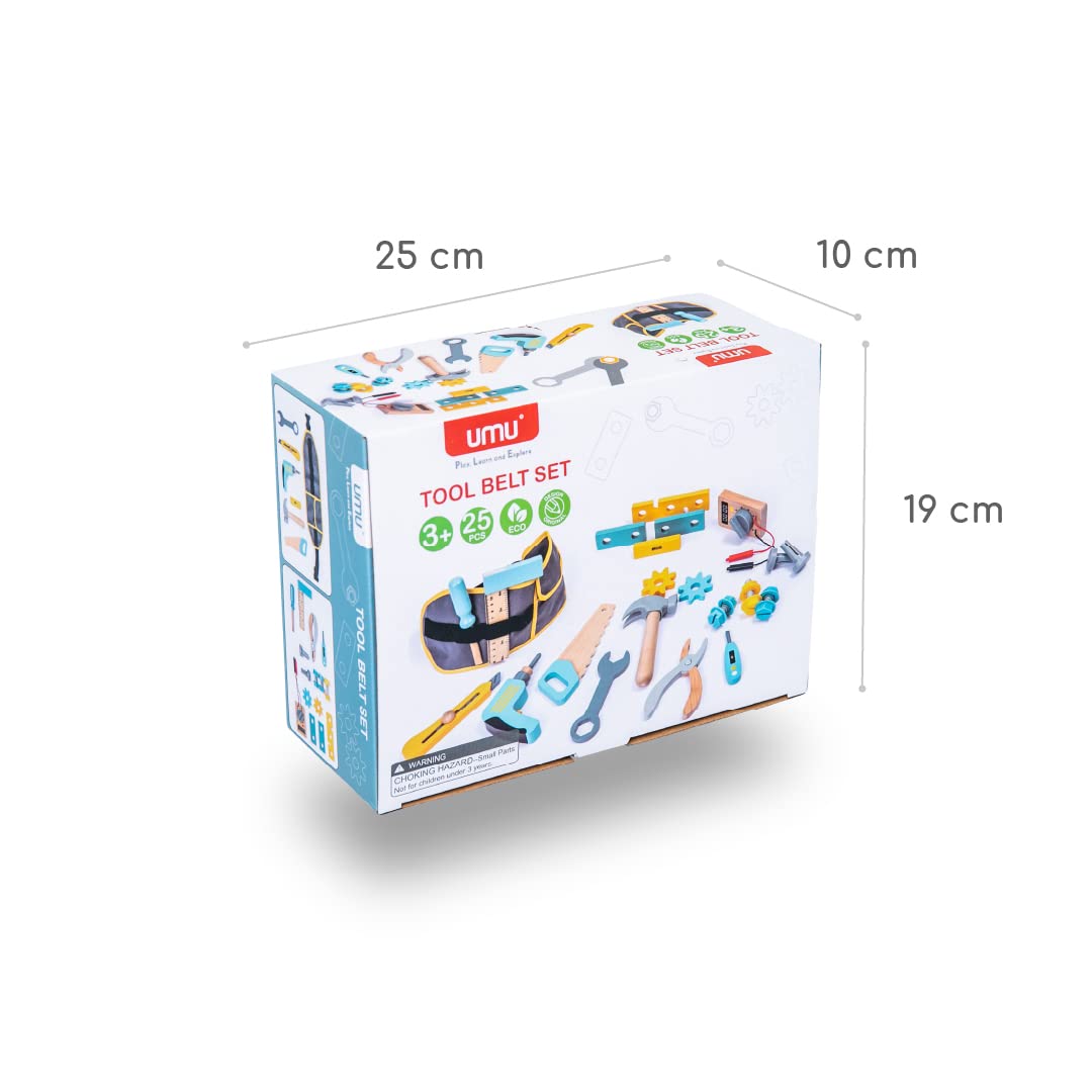 umu® Juego de Herramientas de Madera para niños con Taladro, Sierra, Tornillos, etc., Cinturón de Herramientas para Juegos de imitación, Juguete de Madera de 25 pzas. para niños de 3, 4, 5 años