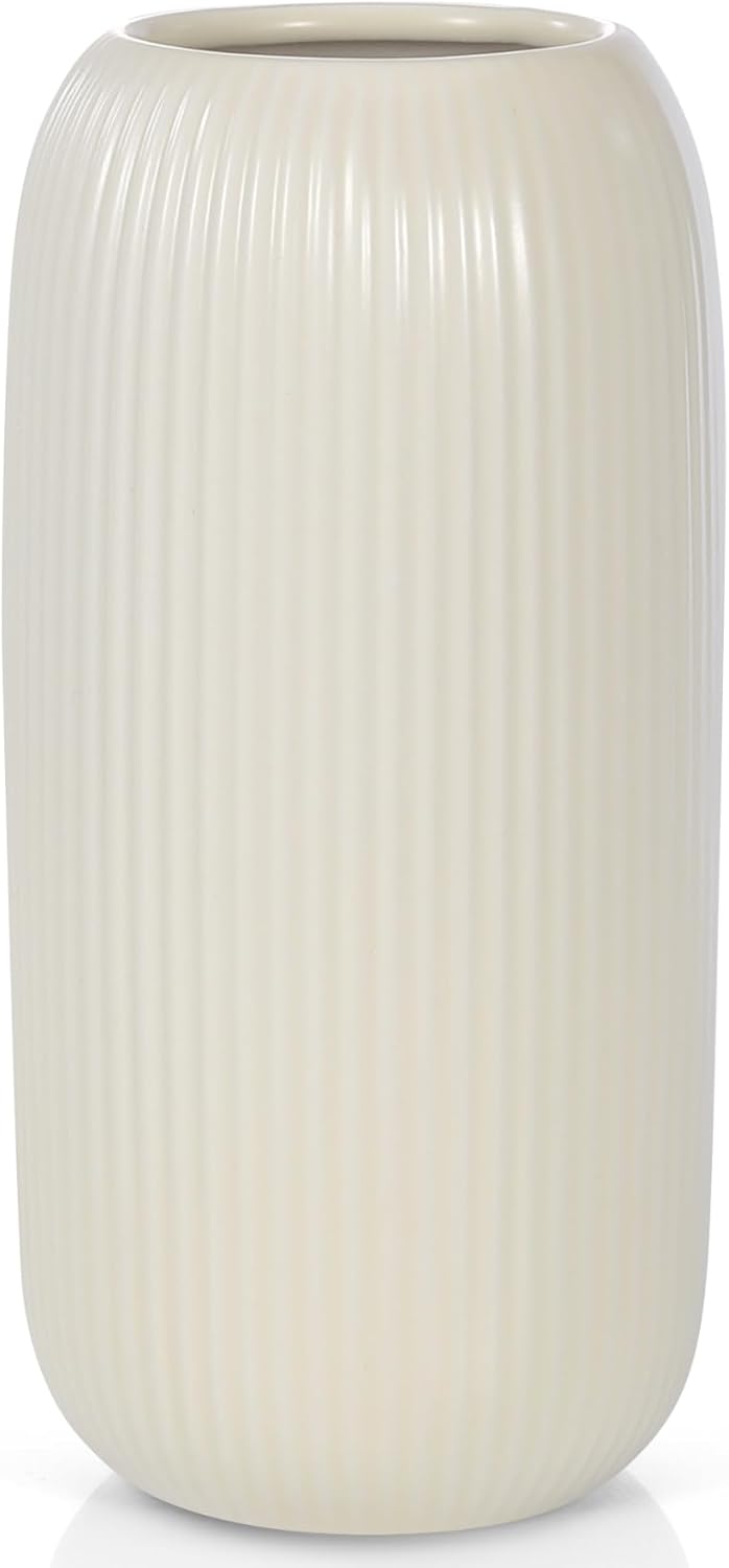 Ceramic Vase for Flowers – Modern Small Ribbed Textured Flower Vase for Home Decor, Pampas Grass, Decorative, Farmhouse, Coffee Table, Kitchen Centerpieces, Bookshelf and Home Living (Beige)