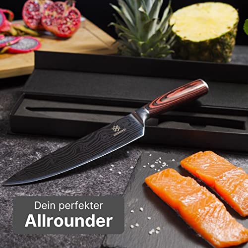 Foto von MESSEREI - Kochmesser mit extrem scharfer 20cm Klinge - Profi Küchenmesser & Fleischmesser aus hochwertigem 7CR17 Edelstahl - Chefmesser, Allzweckmesser mit Rosen-Holz-Griff für Gemüse, Fisch, Fleisch