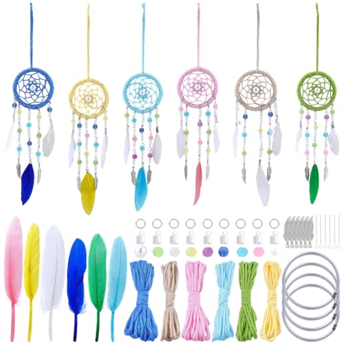 SUNNYCLUE Kit de Fabrication de Capteur de Rêves à Faire Soi Même (6 kit) : Plumes Perles de Verre Décoration Murale Style Bohème Idéal pour la Voiture...