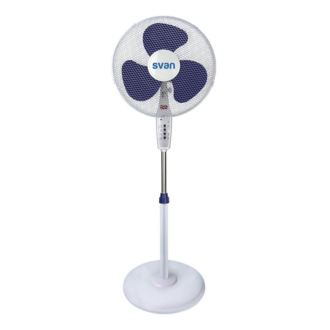 Svan Ventilador de Pie Blanco y Azul, 16", 40W, SVP401600MOBA. 3 Velocidades, Temporizador de 450 min, 3 Aspas, Mando a Distancia, Soporte Base Redonda