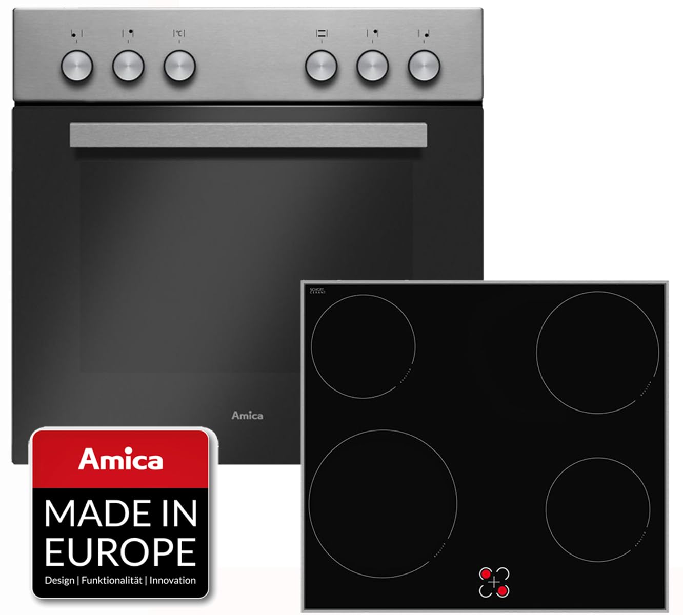 Amica Einbauherd-Set | Elektro-Herd-Kochfeld-Kombination | Backofen mit Grill und Umluft | Glaskeramik-Kochfeld mit 4 Zonen | 65 Liter | 60 cm | Edelstahl