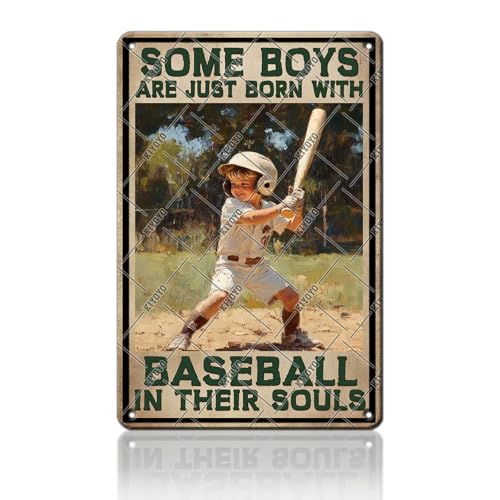 KIYOYO Baseball Metal Tin Sign Some Boys Are Born With Baseball In Their Souls Retro Wall Decor Poster Boys Room Garage Home Bedroom Baseball Lovers Gifts Decor 12x16 Inch