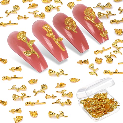 UHOMENY 50 pcs 3D Gold Silver Rose Nail Charms, Flowers Rose Golden Metallic Mini Alloy Nail Art Decals DIY Nail Accessories Studs for Women Girls Salon Nail Manicure Craft Jewelry Making with Box