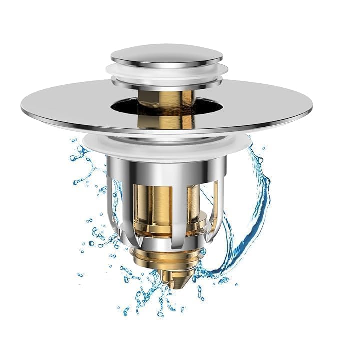 Image of Plastic Pop-Up Sink Drain Stopper with Hair Catcher - Universal Push Button Filter for Bathroom, Kitchen, Wash Basin & Bathtub - Anti-Clog, Corrosion Resistant. (1)