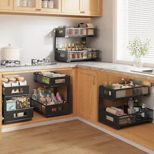 Image of Under Sink Organizer, 2-Tier Dual Pull Out Cabinet Organizer Drawers With Smooth Circular Rail, Large Capacity Metal Mesh Sliding Shelves For Bathroom& Kitchen Storage,Height Adjustable-Black,1 Pack