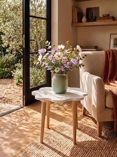 Image of Modern Scalloped Side Table with 3 Wooden Legs, Minimalist End Table /Coffee Table for Living Room, Bedside Nightstand for Bedroom, Balcony & Small Spaces