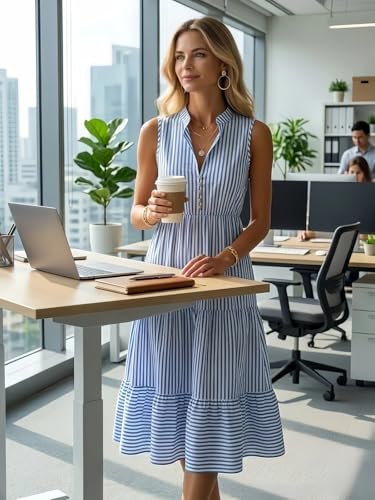 Image of BROVAVE Womens 2026 Summer Sleeveless Shirt Dress Collar Striped V Neck Casual Midi Dresses