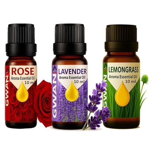 Gwan Aroma Oil for Home Fragrance | Best for Aromatherapy | Helps in Meditation | Used in Diffusers, Candles, Air Fresheners, Soaps, Humidifier, Diffuser |Rose, Lavender, LemonGrass, 10 ml Each - Set of 3