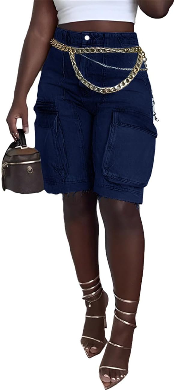 Women Denim Cargo Shorts, High Waisted Long Jean Shorts with Pockets
